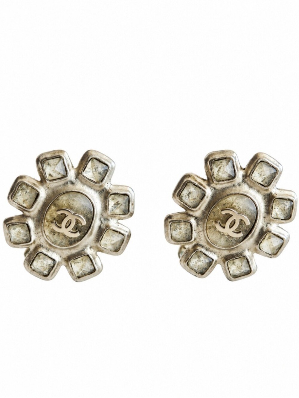 Chanel Vintage Coco Mark Rustic Silver Square-cut Earrings